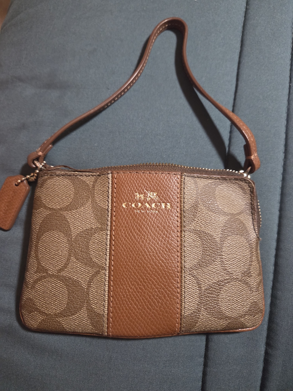 COACH Brown Signature Canvas Wristlet with Leather Stripe